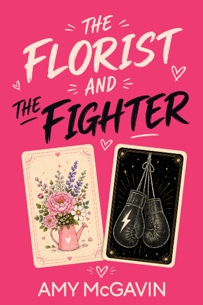 The cover of The Florist and the Fighter by Amy McGavin: two tarot-style cards on a hot-pink background—one showing a watering can of flowers, the other a pair of sparring gloves